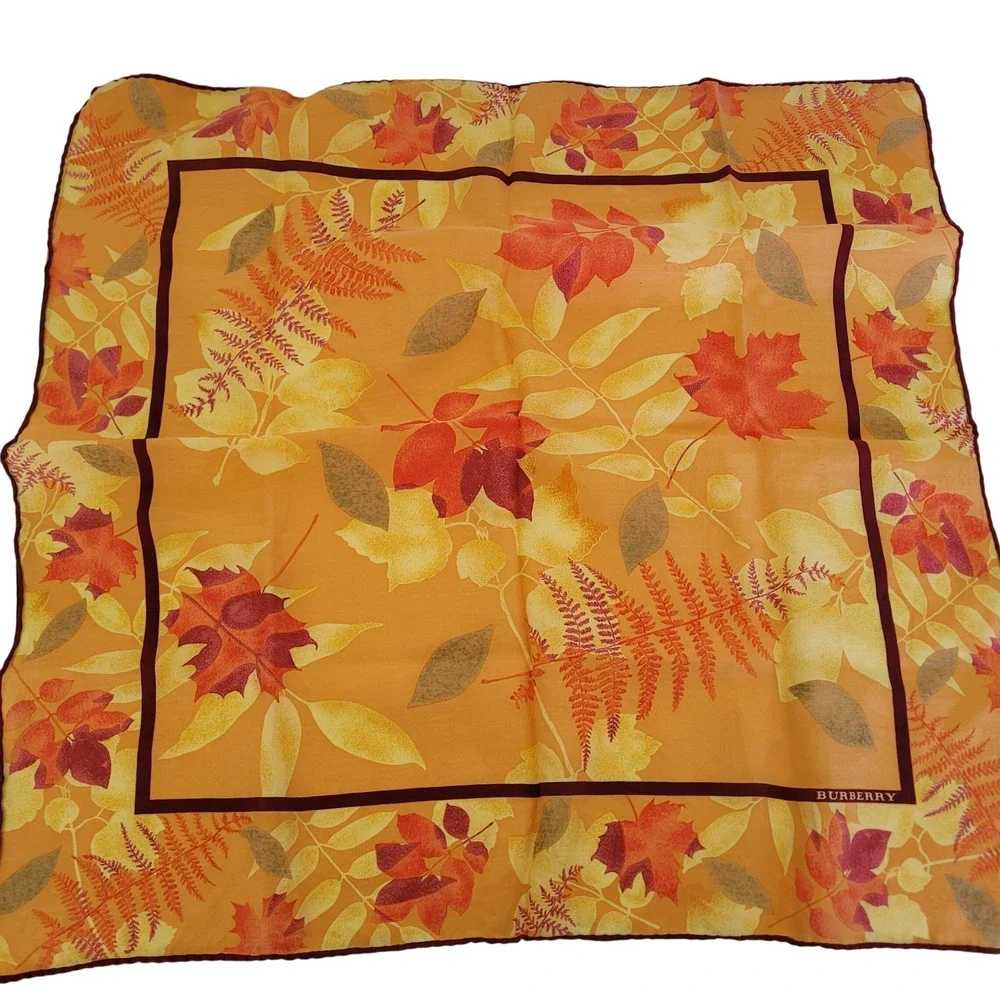 Burberry Silk Square Scarf Orange Yellow Autumn Leaf Fern Botanical Print 22x22